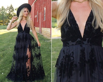 Robe longue noire, Robe d'invitée de mariage noire, Robe pour séance photo, Robe longue noire, Robe de fiançailles, Robe de bal de fin d'année