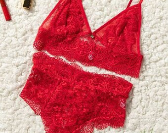 Sexy Underwear, Lace Lingerie Set, Boudoir Underwear, Sheer Lace Lingerie,  Lace Bralette and High Waist Lace up Panty Set, Bridal Lingerie - Etsy