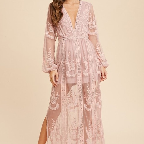 Boho Lace Dress, Romper Dress, Mauve Lace Dress, Photoshoot Dress, Maxi Dress, Engagement Dress, Wedding Guest Dress, Bridesmaids Dress