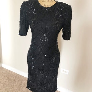 Sukienka Vintage Sequin Black Silk Beaded Dress Small 6