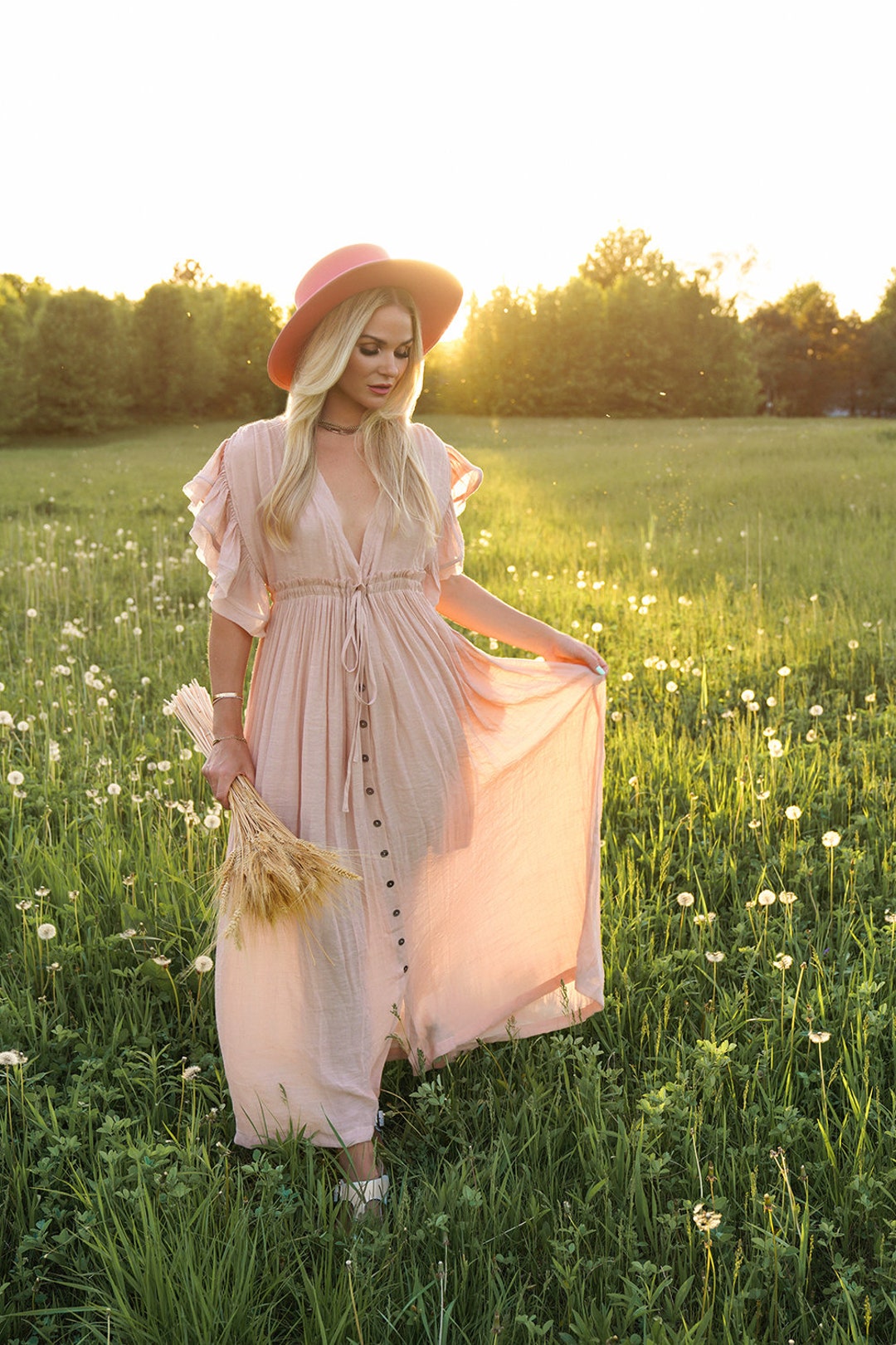 Blush Dress, Maxi Dress, Boho Dress, Bohemian Dress, Plus Size Dress,Long Dress, Summer Beach Dress, Engagement Dress, Photoshoot Dress