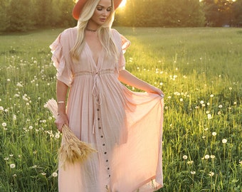 boho blush maxi dress Blush Floral Long Sleeve Maxi Dress - Floral Dresses