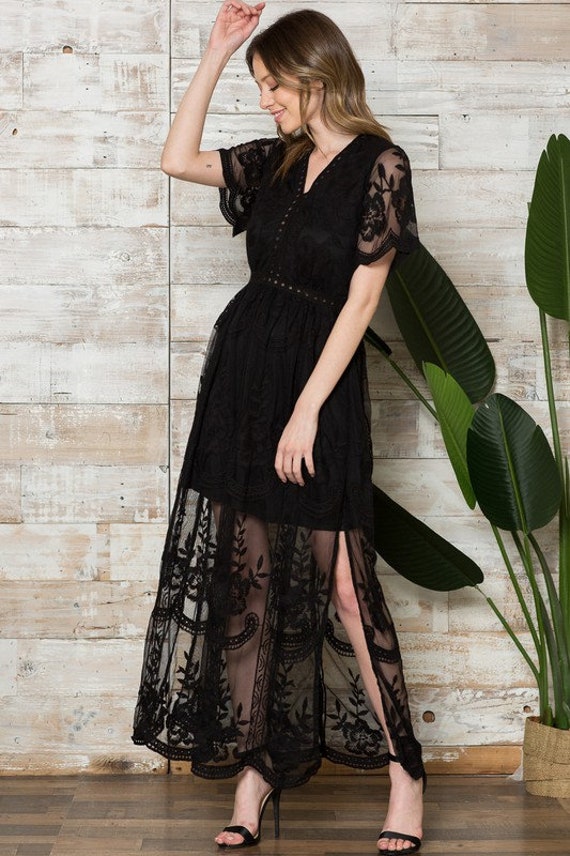 chinese dress ladies Black sweetheart A line chiffon lace long prom dress, black evening dr –  dresstby main image 1