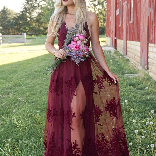 burgundy dress summer Sheer see through burgundy high low summer dress – RAG main image 0