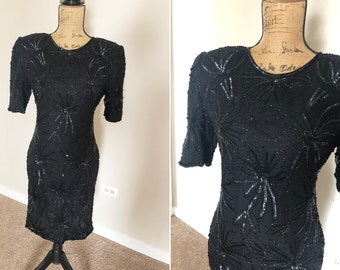 Vintage Sequin Black Dress Silk Beaded Dress Small 6