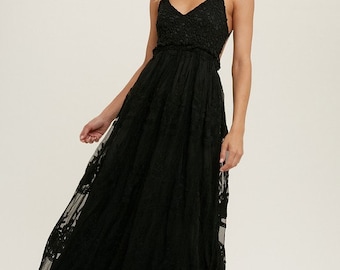 Vestido largo negro, vestido de encaje para invitada de boda, vestido para sesión de fotos, vestido largo, vestido largo de encaje, vestidos bohemios, vestido de playa de verano