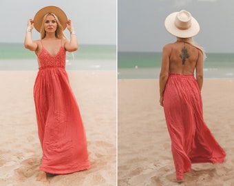 Tomato Red Lace Dress Maxi Long Evening Wedding Cocktail Prom Backless Open Back Dress
