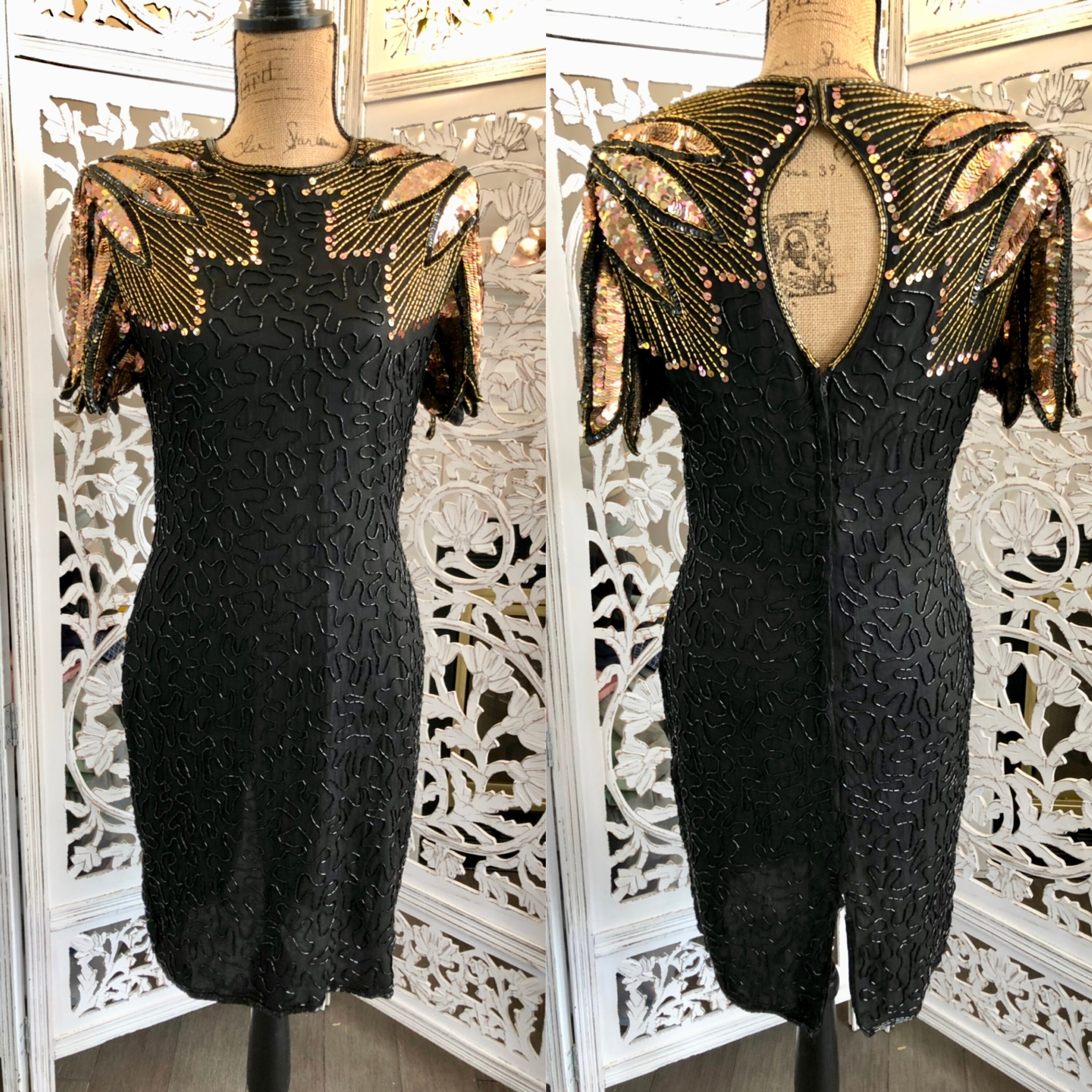 1980s Vintage Sequin Black Dress Stenay 