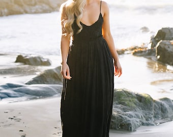 Black Maxi Dress Beach Wedding Dress Boho Dress Open Back