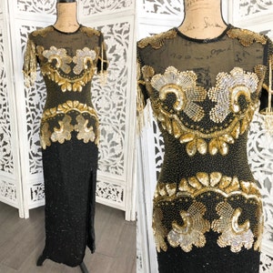 1980s Vintage Sequin Black Dress Beaded Long Dress 6 By Monika