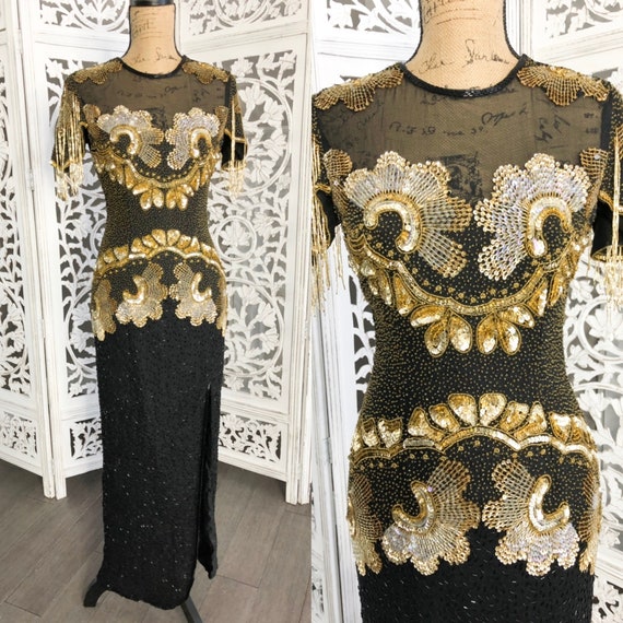 1980s Vintage Sequin Black Dress Beaded Long Dres… - image 1