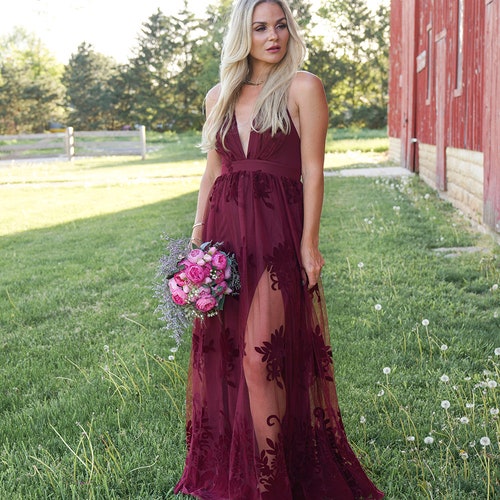 boho maroon dress Burgundy Linen Maxi Dress with Pockets & Tie Waist, Long Sleeve
