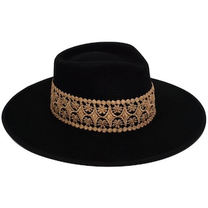 Black Fedora Hat, Wide Brim Hat, Extra Wide Band, Wool Felt Hat, Stiff Brim, Stylish, Flat Fedora For Women, Fedoras, Wool Rancher