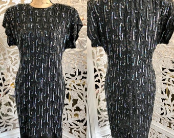 1980s Vintage Sequin Black Dress Stenay Beaded Dress 10