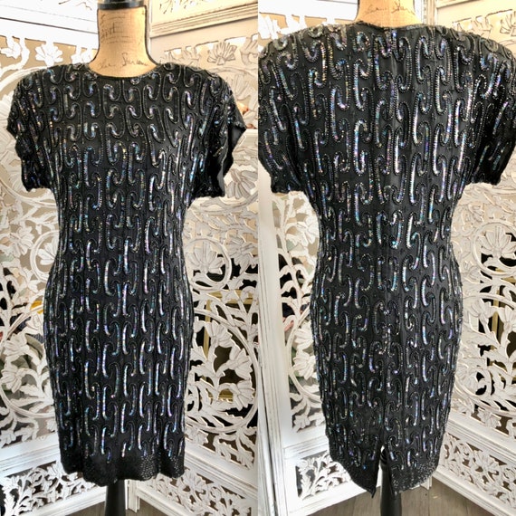 adrianna papell green beaded dress 1990s Black Beaded Cocktail Dress  Style & Salvage