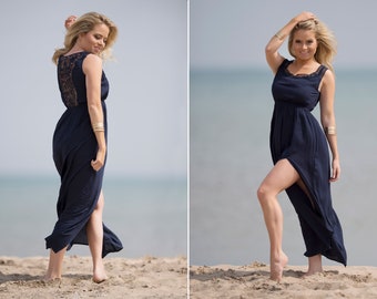 Navy Blue Maxi Dress, White Dress, Navy Beach Dress, Long Dress, Crochet Dress, Lace Dress, Vacation Dress, Women Dresses, Long Dresses