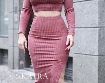 Knit Set, Crop Top And Pencil Skirt Set, Knit Crop Top, Fitted Skirt