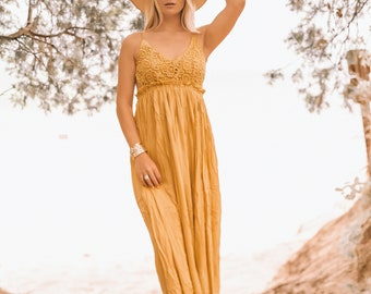 Vestido mostarda, vestido sem costas, vestido boho, vestido boho, vestido para ensaio fotográfico, vestido de praia de verão