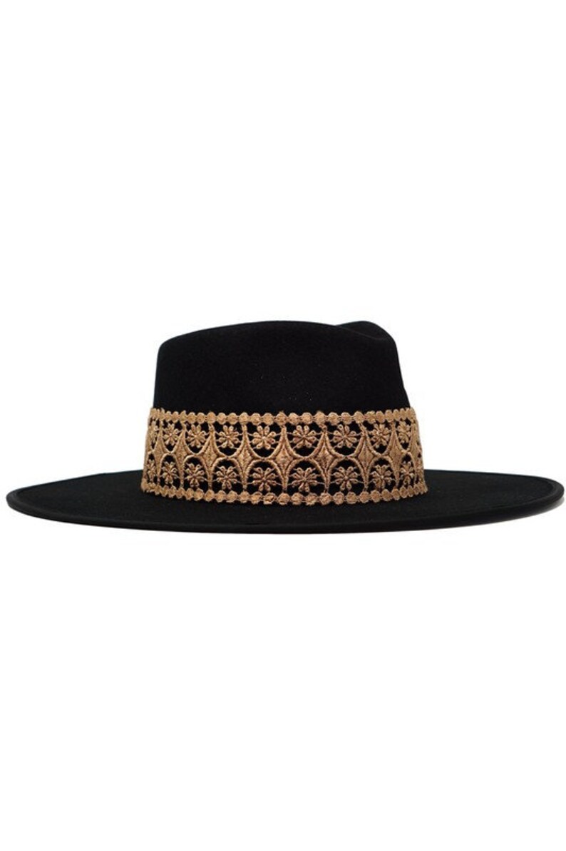 May include: A black felt fedora hat with a wide brim and a gold embroidered band.