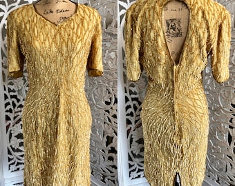 Vestido vintage de lentejuelas doradas de los años 80 Vestido con cuentas Mark & John M