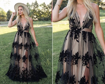 Wedding Guest Dress, Black Maxi Dress, Black Lace Long Dress, Prom Dress, Graduation Dress, Black Photoshoot Dress