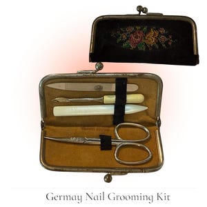 Vintage Germany Floral Needlepoint Leather Manicure Nail Grooming Travel KIT