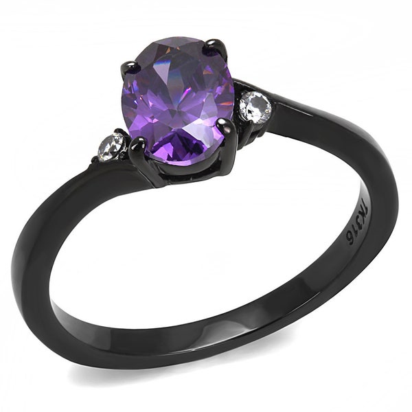 Stainless Steel Ring Black Band for Women Amethyst Purple Grade AAA Cubic Zirconia Stones Solitaire Engagement (TK3063)