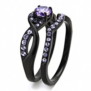 Woman Wedding Set Stainless Steel Ring for Women with Purple Amethyst Cubic Zirconia Stones Black Band Wedding (TK3560)