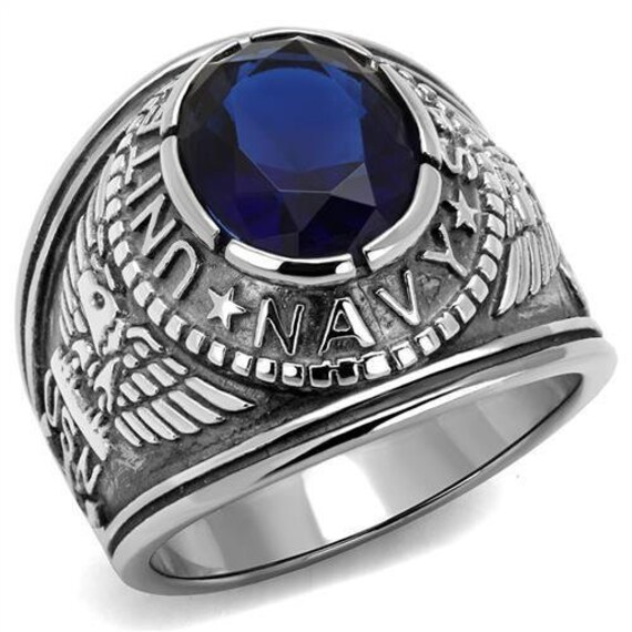 Navy Stainless Steel Ring High polished Men Synthetic Glass Navy Blue (TK414707)