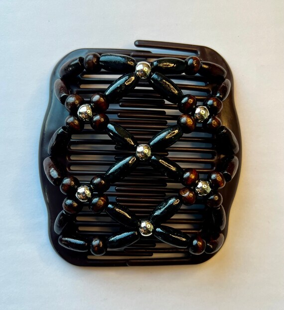 Beaded Double Hair Comb, Elastic Hair Clip, Strong Hold Hair Accessory, Black & Brown Wooden Beads with Silver accents