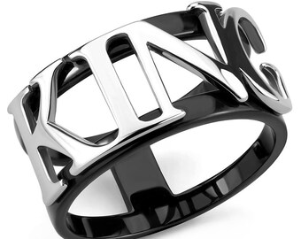 Stainless Steel Men's King Ring Two-Tone Black Silver King or Queen (TK3583)