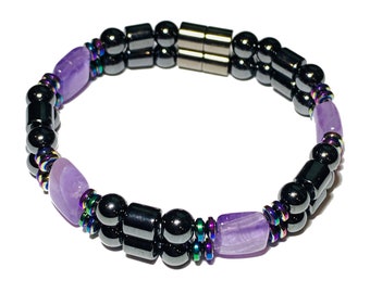 Black Magnetic Strong Magnetic Hematite Arthritis Therapy Bracelet, Genuine Amethyst, Energy