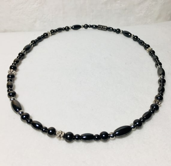 Black Magnetic Hematite Arthritis Necklace Anklet Bracelet with floral accents, High Power Magnetic