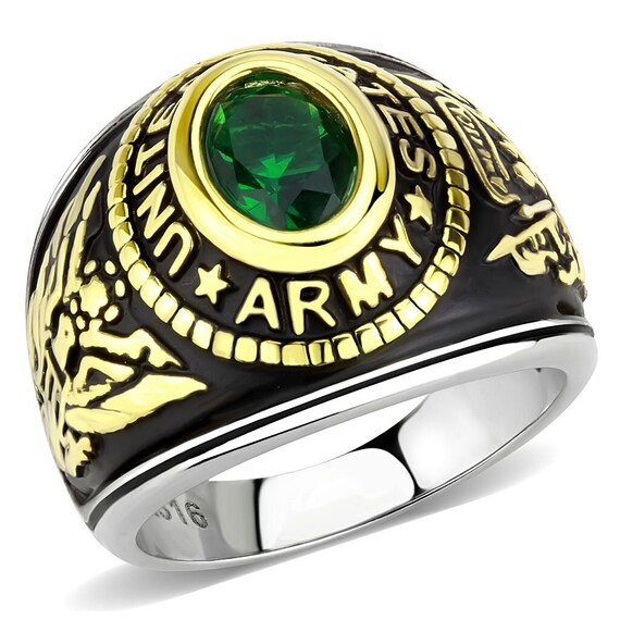 Army Stainless Steel Ring Two-Tone Gold Unisex Synthetic Emerald Green (TK3724)