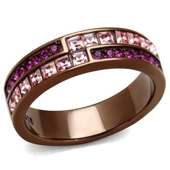 Stainless Steel Ring in Coffee for Women with Top Grade Crystal Stones Pink Purple (TK2837)