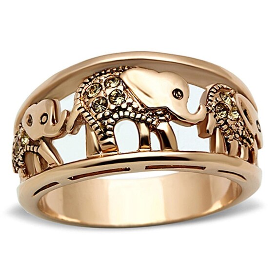 IP Rose Gold (Ion Plating) Stainless Steel Elephant Ring with Top Grade Crystal in Citrine Yellow