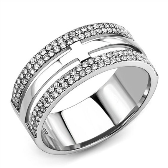Stainless Steel Ring High polished crystal Cross Ring (no plating)  AAA Grade CZ Clear