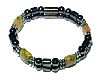 Black Magnetic Hematite Arthritis Bracelet Anklet with Unakite Jasper spacers