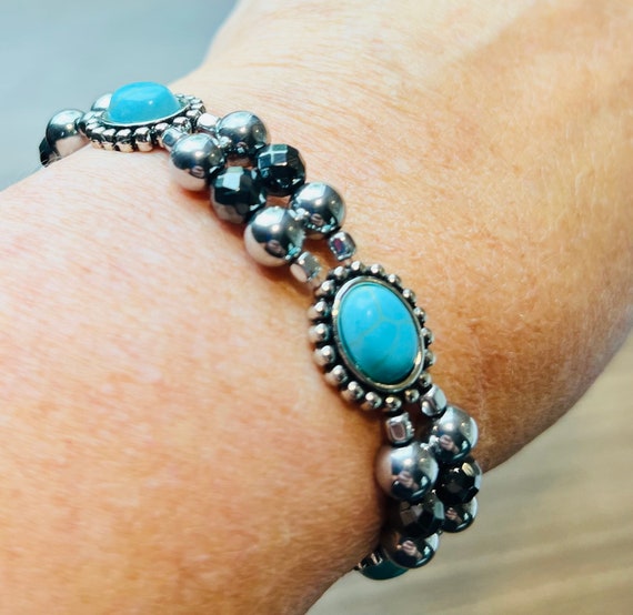 Strong Magnetic Therapy Bracelet, Black Silver Turquoise Magnetic Hematite Bracelet, High Power