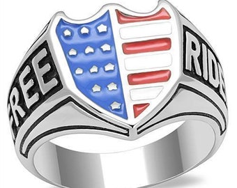 Stainless Steel Biker Ring in Red, White, Blue High Polished USA Flag