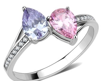 Stainless Steel Tear Drop Ring for Women with Cubic Zirconia Stones in Rose Pink Purple (DA270)