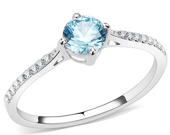 Stainless Steel Ring for Women with Cubic Zirconia Stones Solitaire in Blue Aquamarine (DA019)