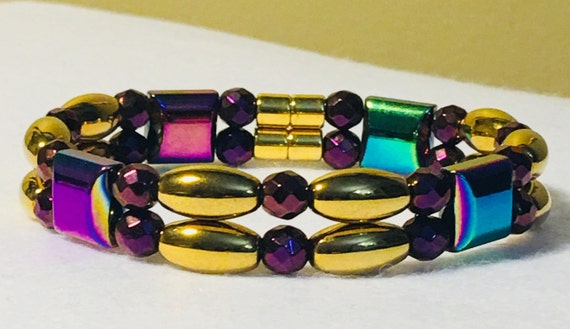 Magnetic Bracelet Rainbow, High Power Magnetic Hematite Arthritis Therapy Bracelet, Purple Rainbow and Gold Hematite