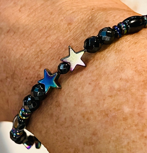 Magnetic Bracelet, Strong Black Magnetic Hematite Arthritis Pian Relief Therapy Necklace Anklet or Bracelet, Rainbow Stars