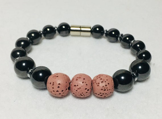 Pink Black Essential Oil Magnetic Bracelet, Aromatherapy Lava Magnetic Hematite Therapy