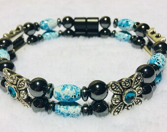 Black Magnetic Hematite Therapy Bracelet, High Power Magnetic Turquoise with Blue Swarovski Accents