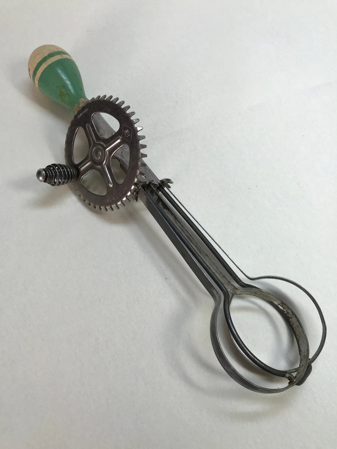 Hand Crank Egg Beater A & J Brand With Classic 1920s Style Green and