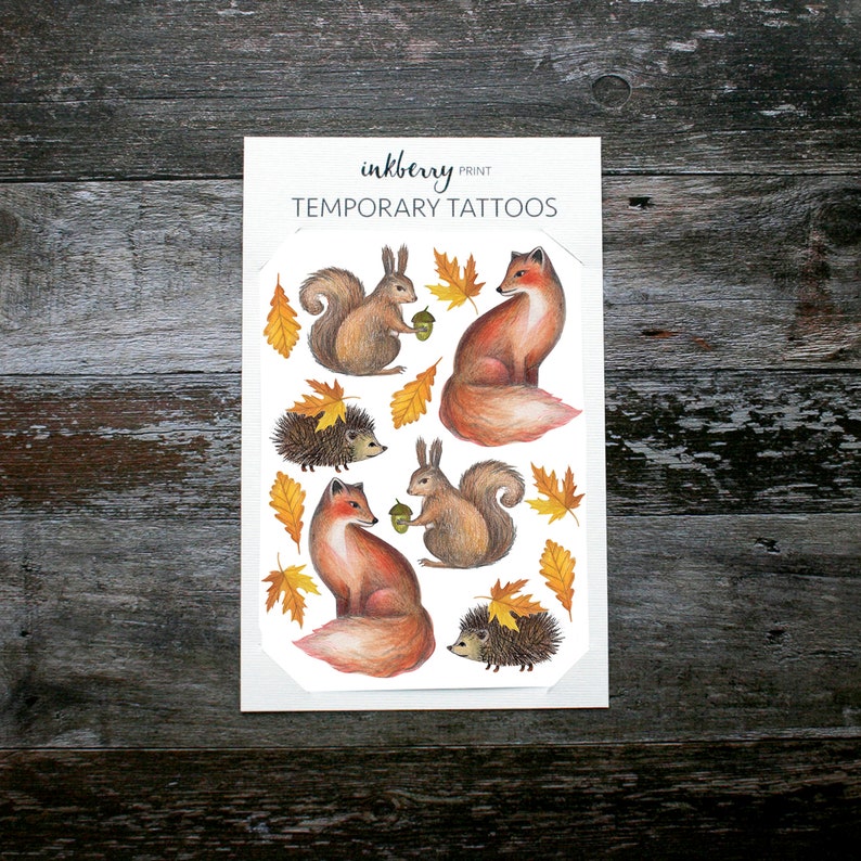 fox squirrel and hedgehog temporary tattoo set for kids