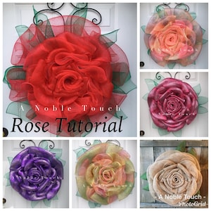 May include: A collage of five wreaths featuring large, multi-layered, mesh rose flowers in various colors, including red, pink, peach, purple, and beige. The wreaths are decorated with green mesh leaves and the text "A Noble Touch Rose Tutorial" is displayed on the top wreath.