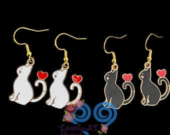 Valentines Day Earrings, Valentines Earrings, Cat Earrings, White Cat, Black Cat